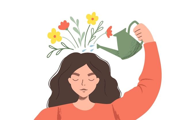 Pensar positivamente como uma mentalidade. mulher regando plantas que simbolizam pensamentos felizes. ilustração plana | Vetor Premium