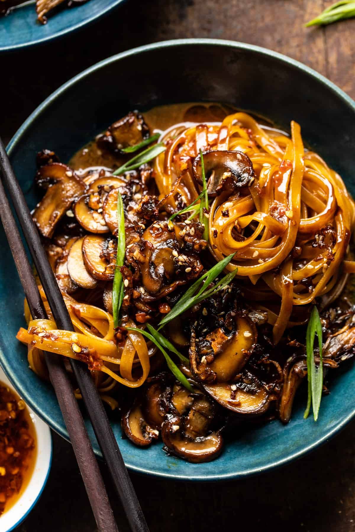 30 Minute Saucy Ginger Sesame Noodles with Caramelized Mushrooms.