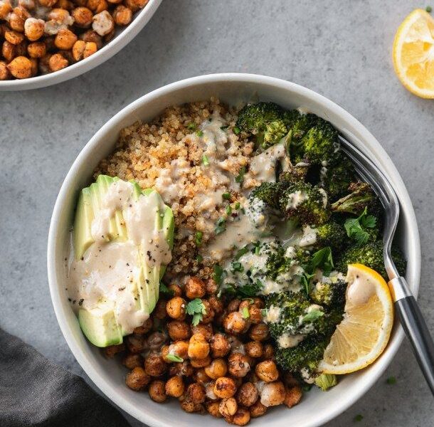 Crispy Quinoa Chickpea Bowls with Roasted Broccoli and Meyer Lemon Tahini Sauce