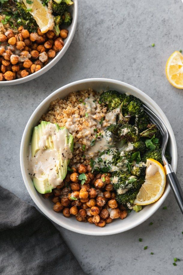 Crispy Quinoa Chickpea Bowls with Roasted Broccoli and Meyer Lemon Tahini Sauce