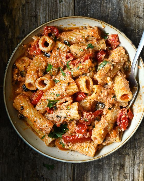 Eggplant and sun-dried tomato pasta with ricotta