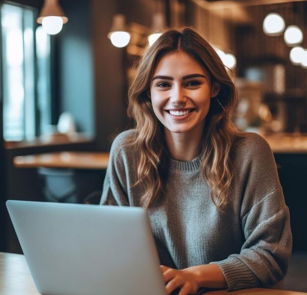Foto de uma mulher simpática e alegre usando laptop Linda empresária digitando no laptop IA generativa | Foto Premium