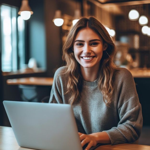 Foto de uma mulher simpática e alegre usando laptop Linda empresária digitando no laptop IA generativa | Foto Premium