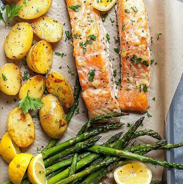 Garlic Butter-Roasted Salmon with Potatoes & Asparagus