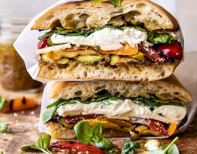 Grilled Vegetable Burrata Sandwich with Lemon Thyme Honey Mustard.