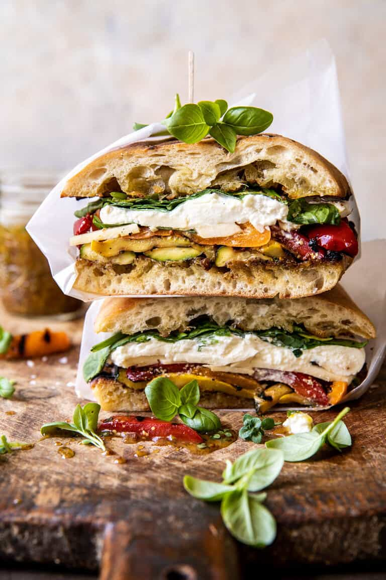 Grilled Vegetable Burrata Sandwich with Lemon Thyme Honey Mustard.