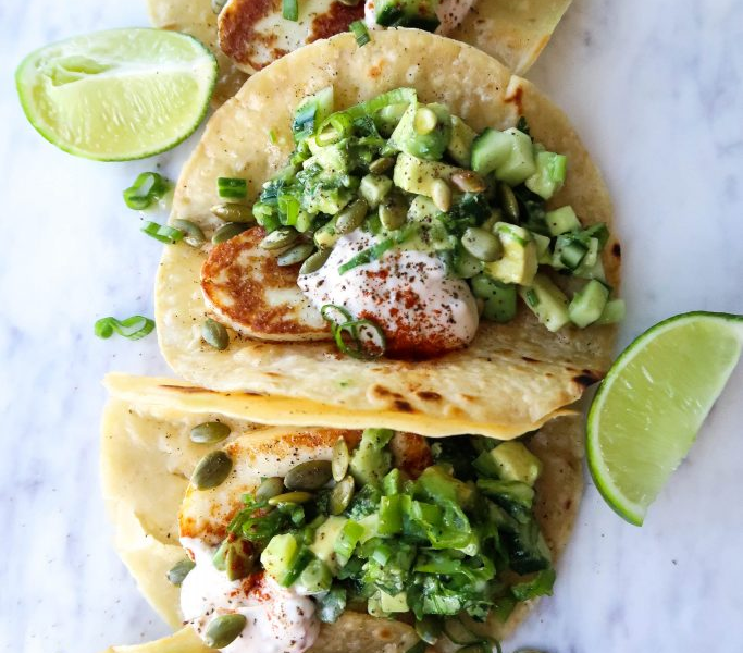 Halloumi Tacos with Spicy Pico Verde - Earth & Oven