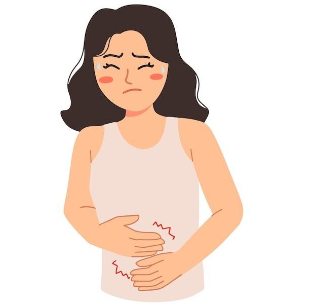 Mulher com cólicas e dor de estômago ilustração de dor menstrual | Vetor Premium