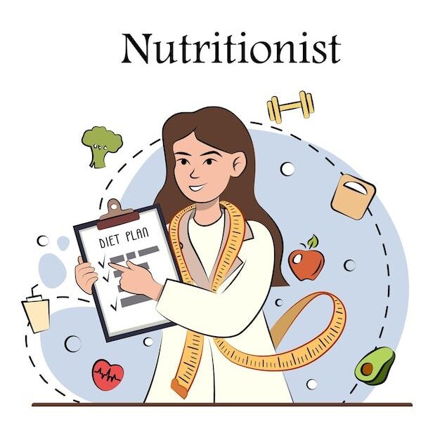 Nutricionista plano de dieta individual dieta equilibrada saudável Médico nutricionista Banner de conceito dietético Ilustração em vetor gráfico plana isolada no fundo branco | Vetor Premium