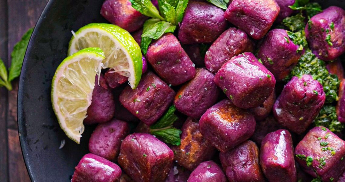 Purple Sweet Potato Gnocchi with Cilantro Mint Chutney