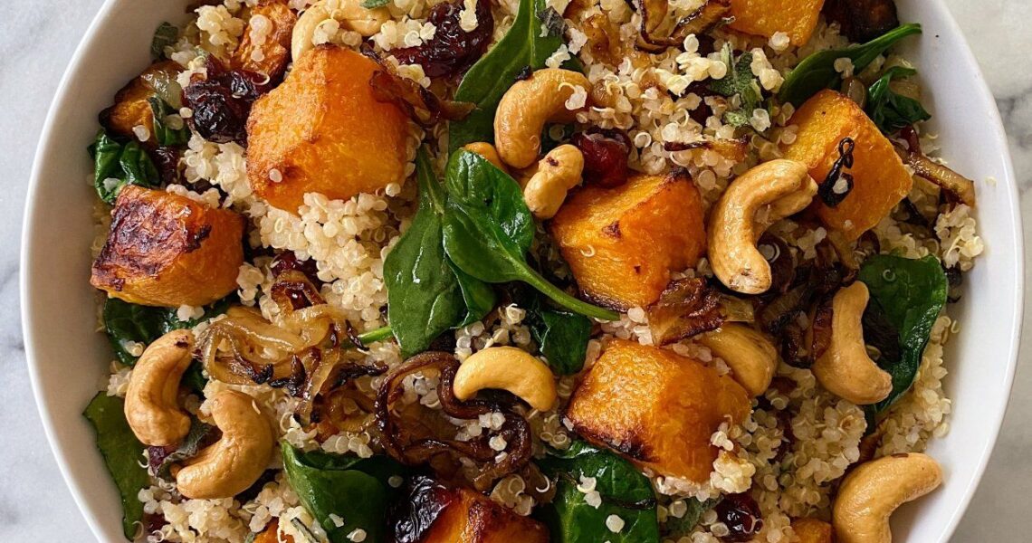 Quinoa Salad with Roasted Squash, Caramelized Onions and Wilted Spinach
