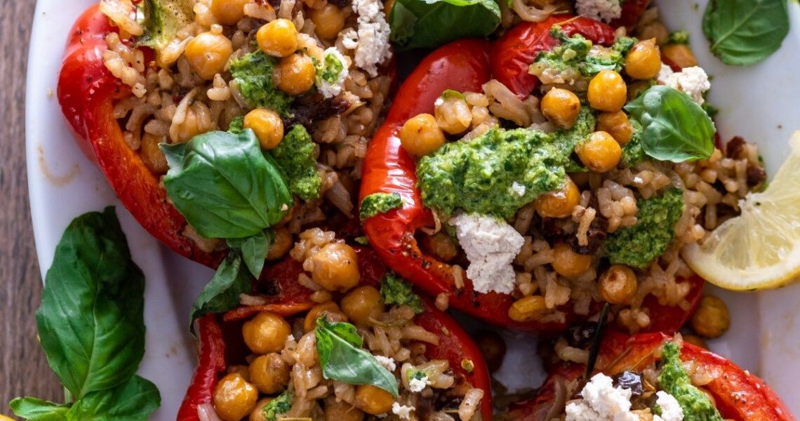 Vegan Italian Stuffed Peppers with Sun-dried Tomatoes and Sunflower Basil Pesto