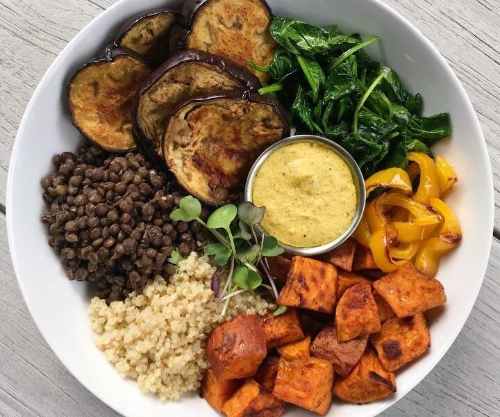 Roasted Veggie Lentil Bowl with Cashew Cream Curry Sauce