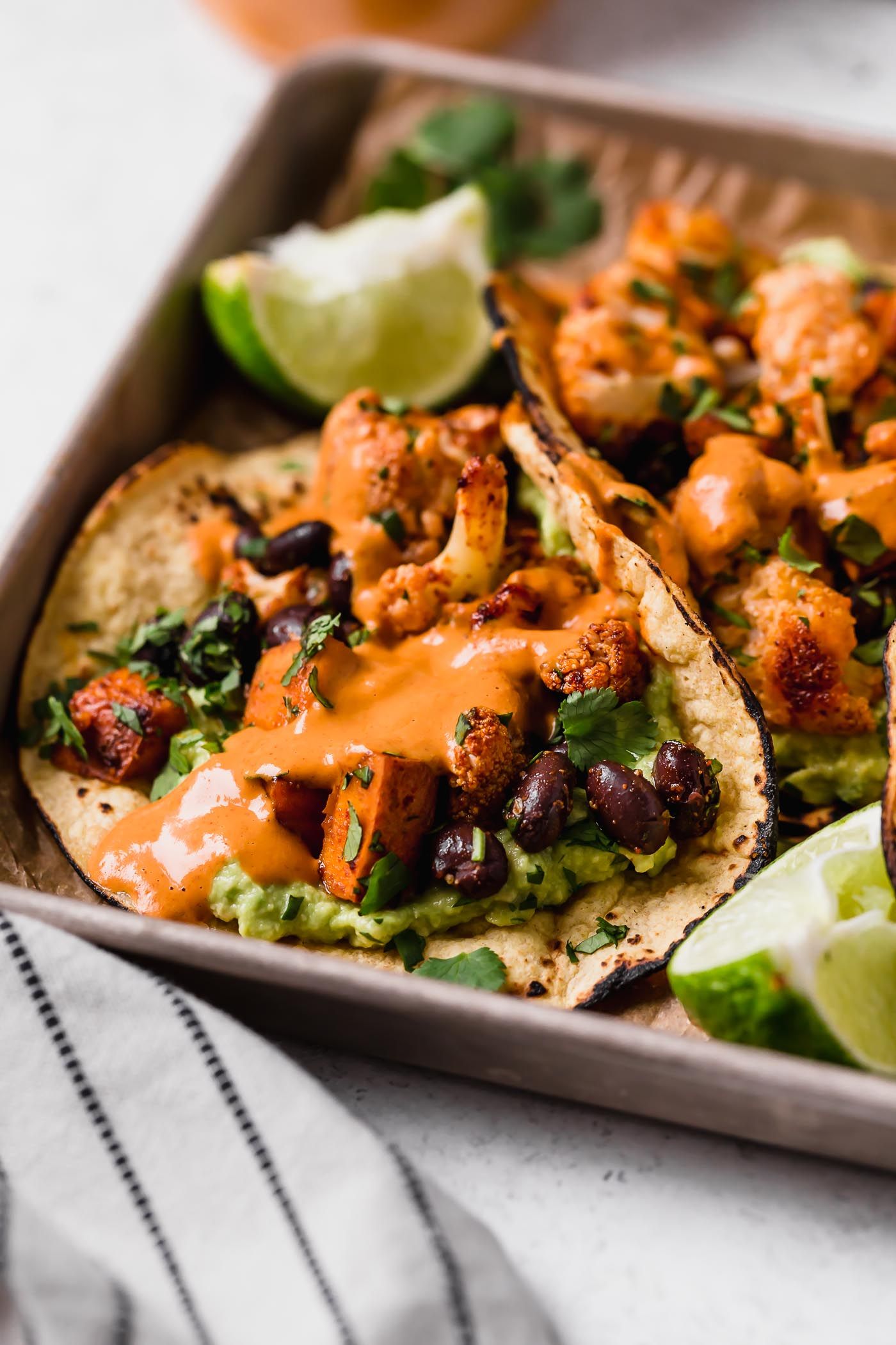 Roasted Sweet Potato & Cauliflower Tacos with Cashew Crema
