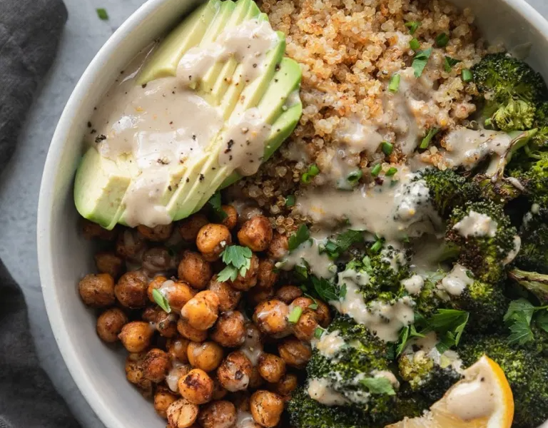 Crispy Quinoa Chickpea Bowls with Roasted Broccoli and Meyer Lemon Tahini Sauce