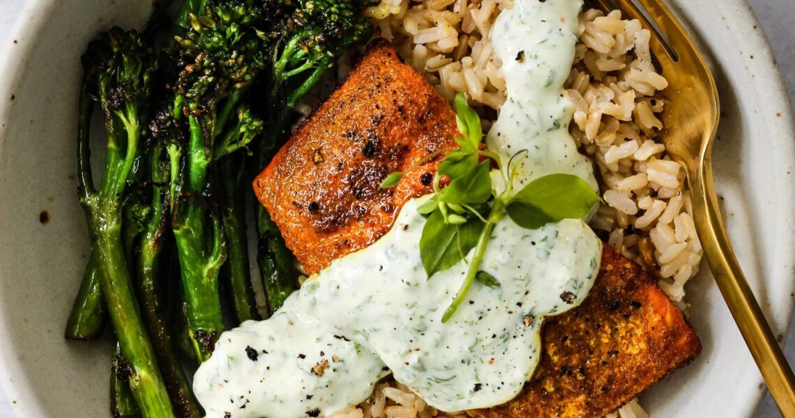 Crispy Turmeric Salmon With Yogurt Sauce | Walder Wellness, Dietitian