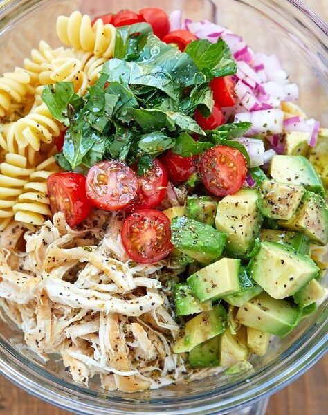 Healthy Chicken Pasta Salad with Avocado, Tomato, and Basil ﻿