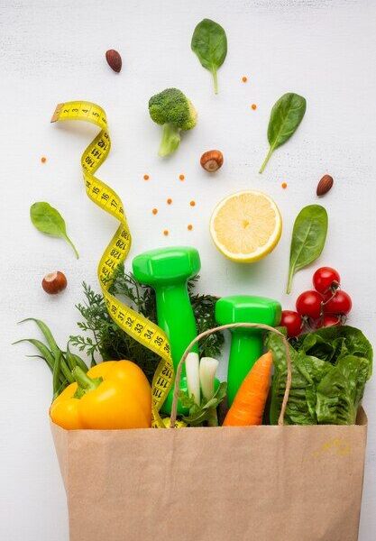 Premium Photo | Flat lay of groceries bag