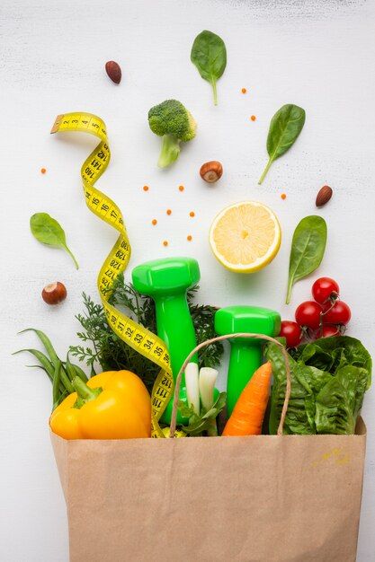 Premium Photo | Flat lay of groceries bag