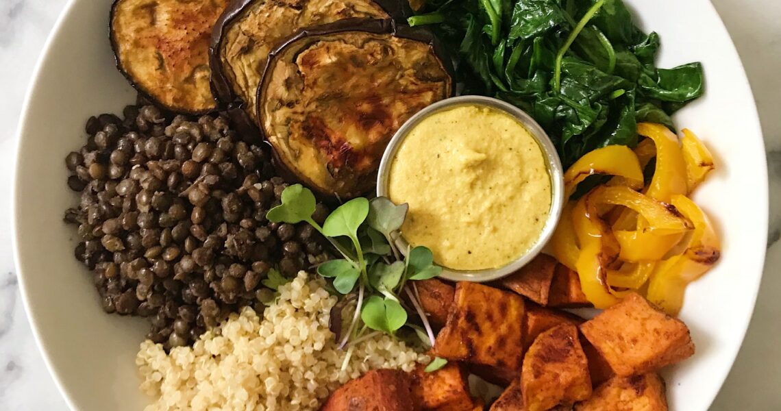 Roasted Veggie Lentil Bowl with Cashew Cream Curry Sauce