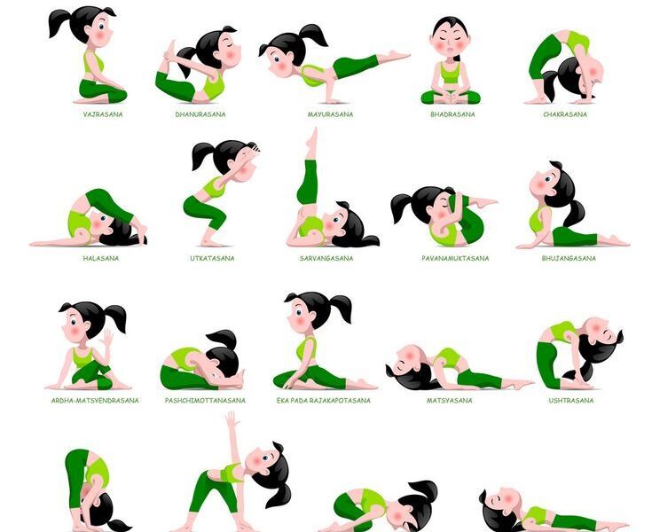 Cartoon girl in yoga poses with titles vector image on VectorStock