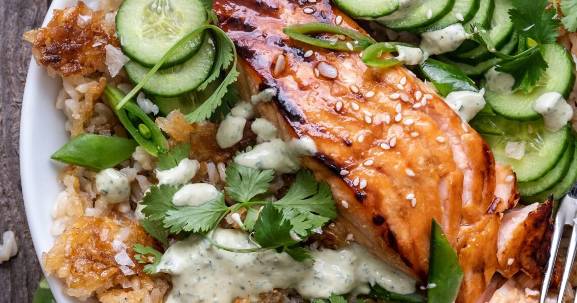 Crunchy Brown Rice Bowls with Salmon and Herbed Tahini Dressing - Wandering Chickpea