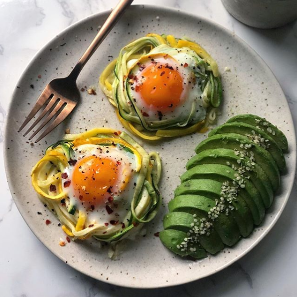 Easy Zoodle Egg Nests with Sliced Avocado|Whole-30, Gluten Free -