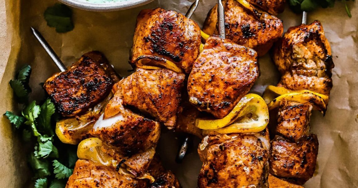 Grilled Salmon Skewers with Cilantro Sauce