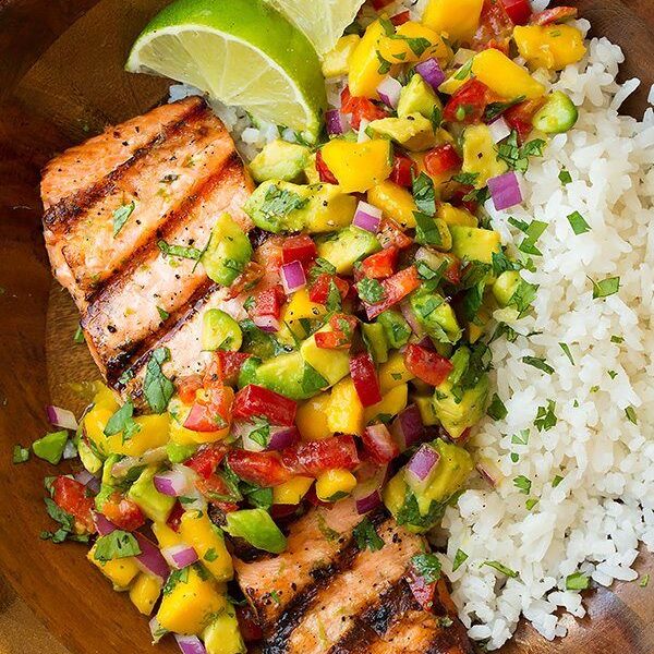 Grilled Salmon with Mango Salsa & Coconut Rice - Cooking Classy