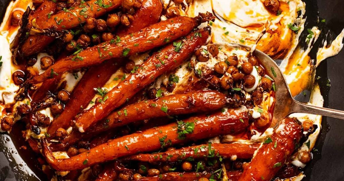 Spicy maple roast carrots with crispy chickpeas and yogurt sauce
