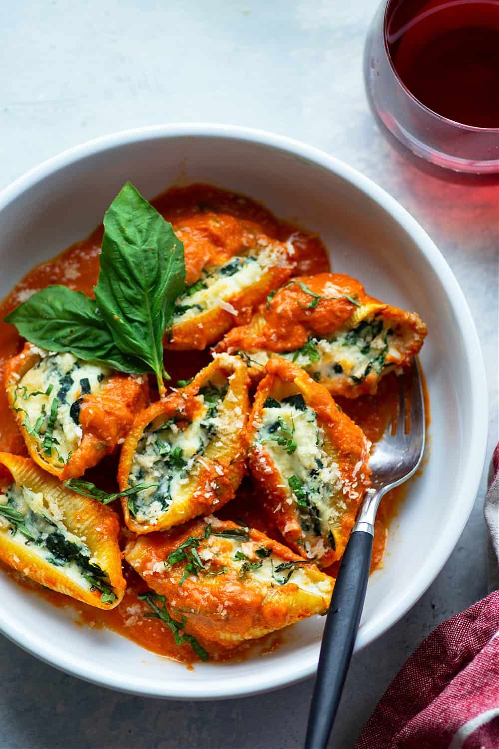Spinach Ricotta Stuffed Shells with Basil Vodka Sauce