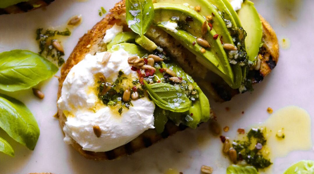 burrata avocado toast with basil vinaigrette