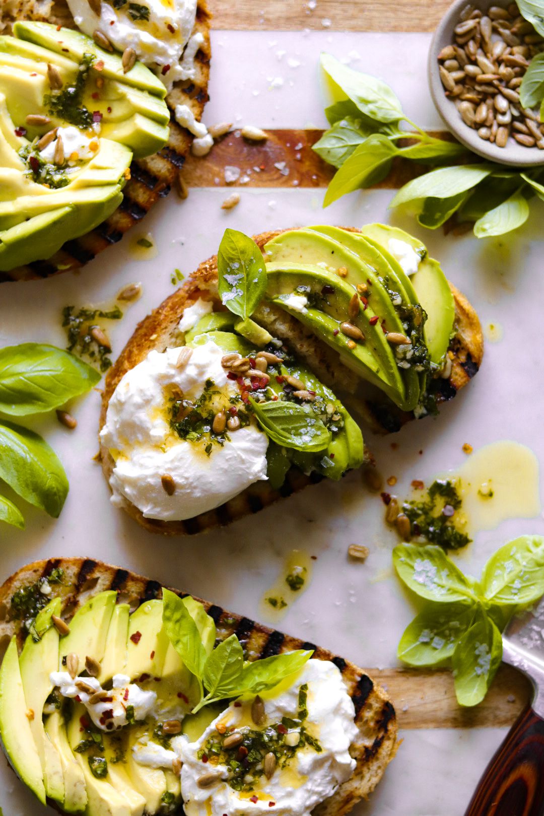 burrata avocado toast with basil vinaigrette