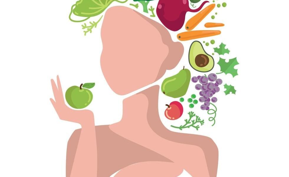 concepto de estilo de vida vegano y verde natural.cara de mujer abstracta con verduras y frutas en la cabeza ilustración vectorial,emblema,plantilla de logotipo de afiche.alternativa saludable de la nutrición vegetariana